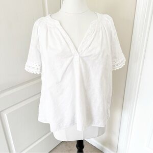Crown & Ivy White Blouse 1X Crochet Lace Trim V-Neck 100% Cotton